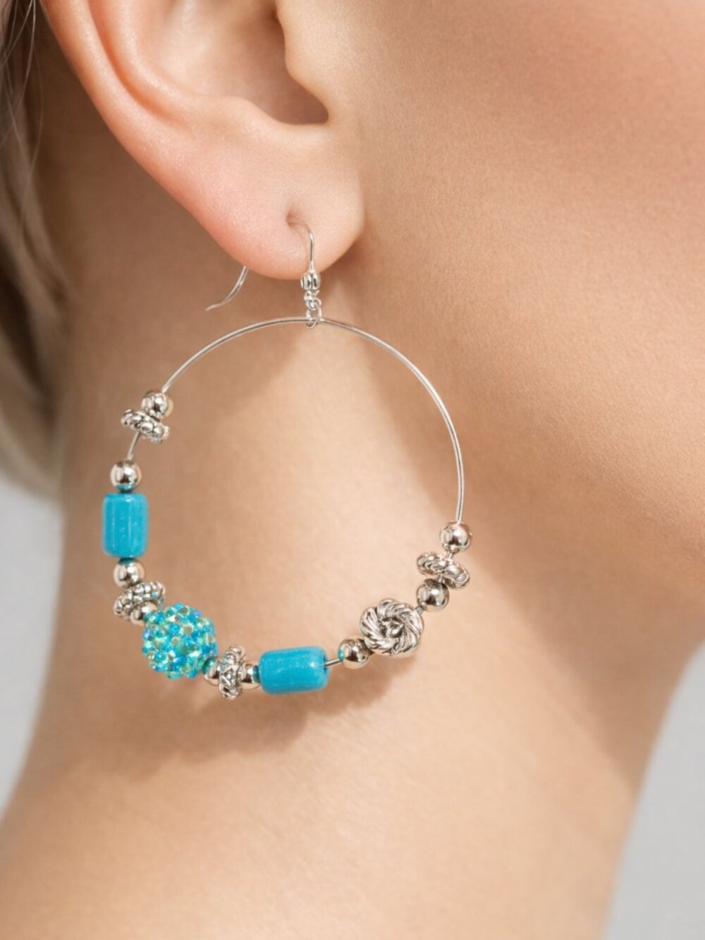 Pastel Turquoise Beaded Hoop Earrings with Crystal – Women’s Fashion Jewelry